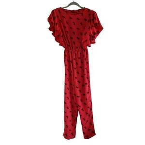 Red Black Tropical Palm Leaf Jumpsuit Flutter Sleeve Ruffle Party Romper Small
